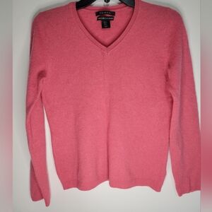 Womens Sweater-TAHARI-pink 100% cashmere "pure luxe" v-neck Old Money ls-Medium